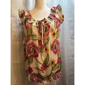 Dress Barn Blouse Women's Medium Floral Ruffle Sleeve Elastic Waist Lightweight‎